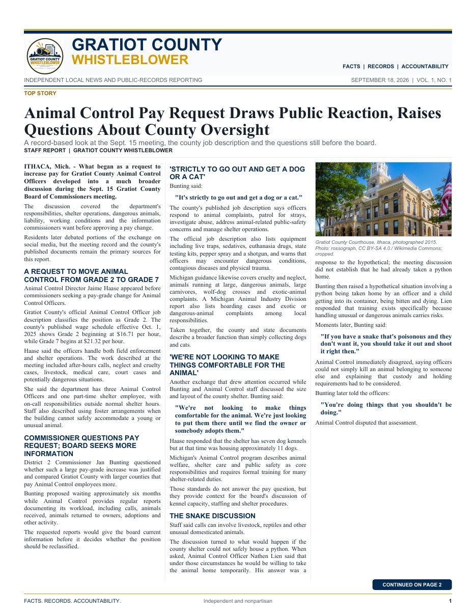 Newspaper page 1: Animal Control pay request