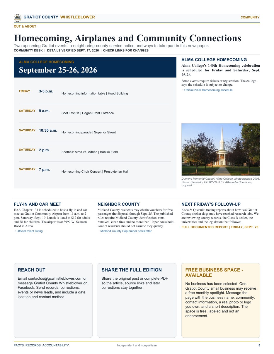 Newspaper page 5: Community events and next report