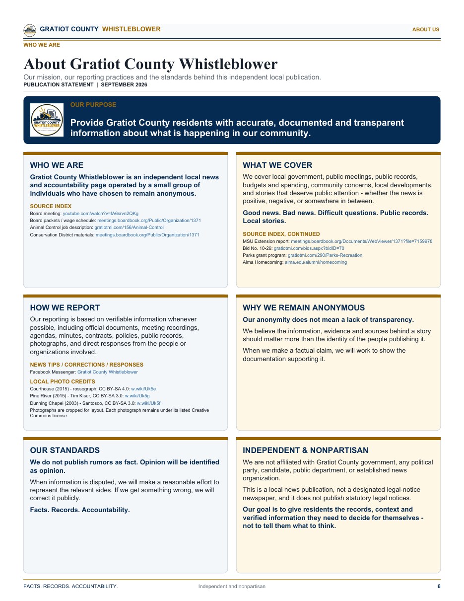 Newspaper page 6: About us, standards and source index