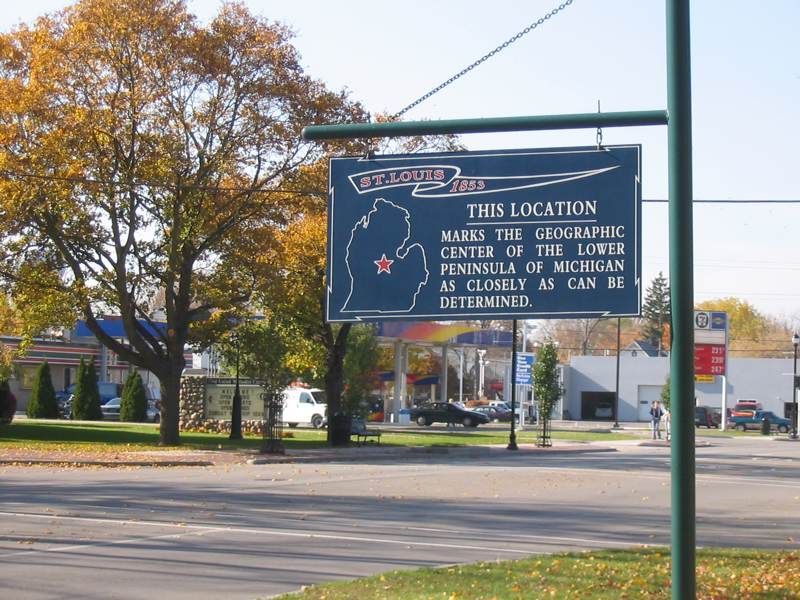 Sign in St. Louis, Michigan marking the geographic center of the Lower Peninsula