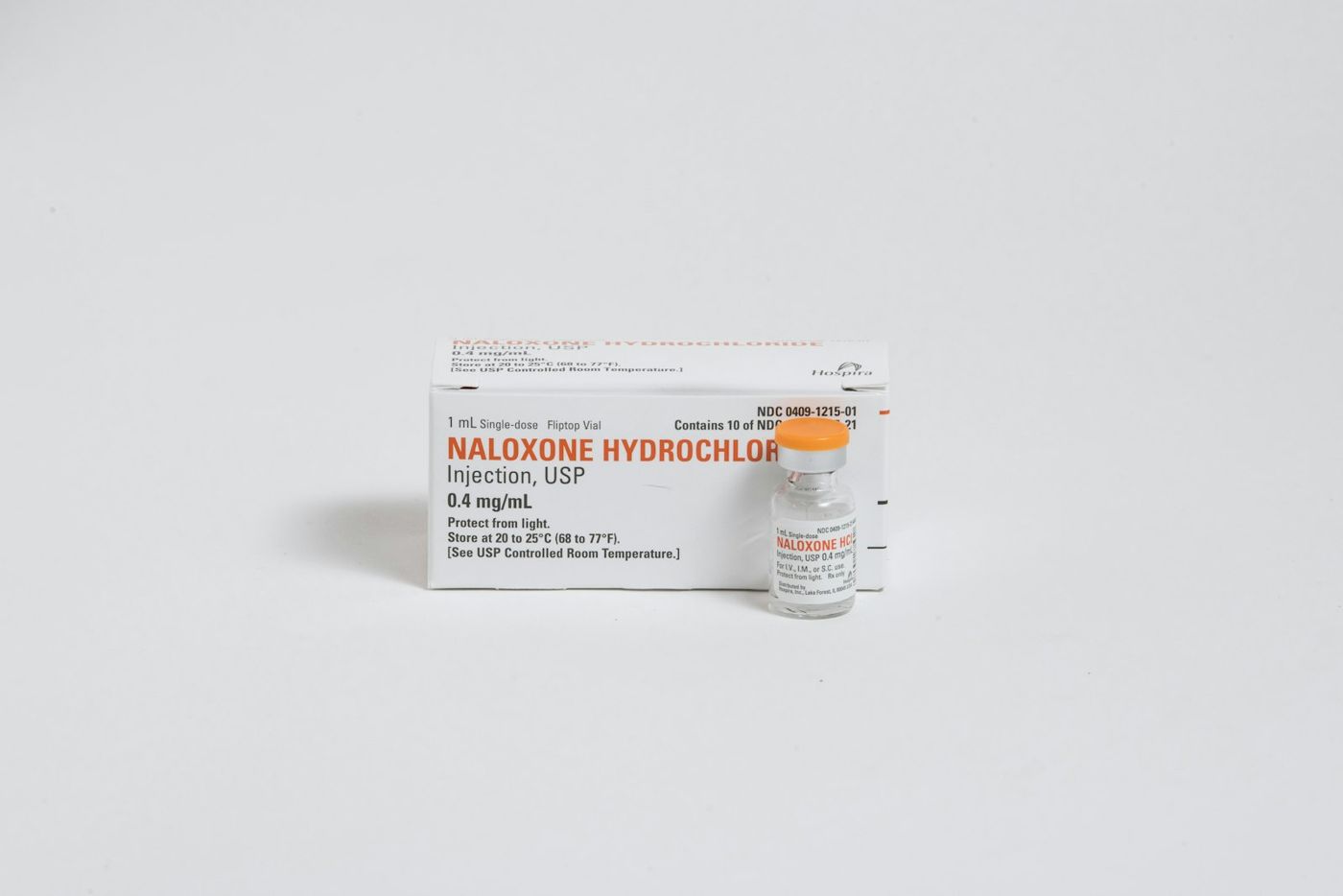 Box and vial of naloxone hydrochloride, an opioid overdose reversal drug